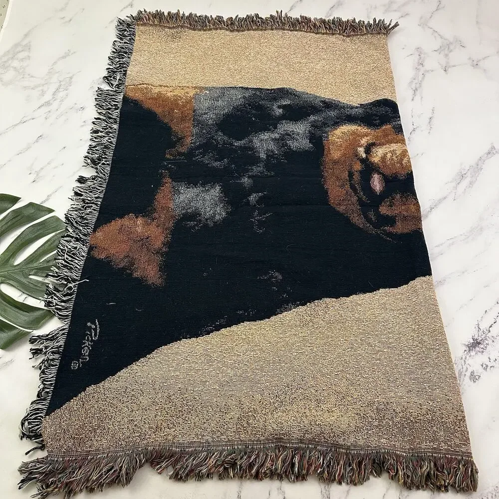 Linda Picken Vintage Y2k Dog Tapestry Throw Blanket Rottweiler Black Brown Woven